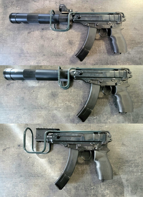 SA61 VZ61 pažba sklopná přes tlumič nebo kolimátor