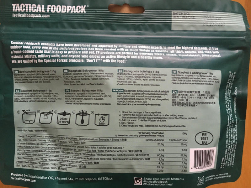 Tactical foodpack - špagety s hovězím, celkem 9 ks