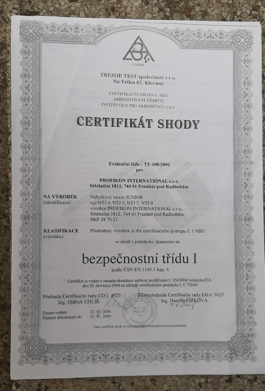 NÁBYTKOVÝ TREZOR - 1. BEZPEČNOSTNÍ TŘÍDA